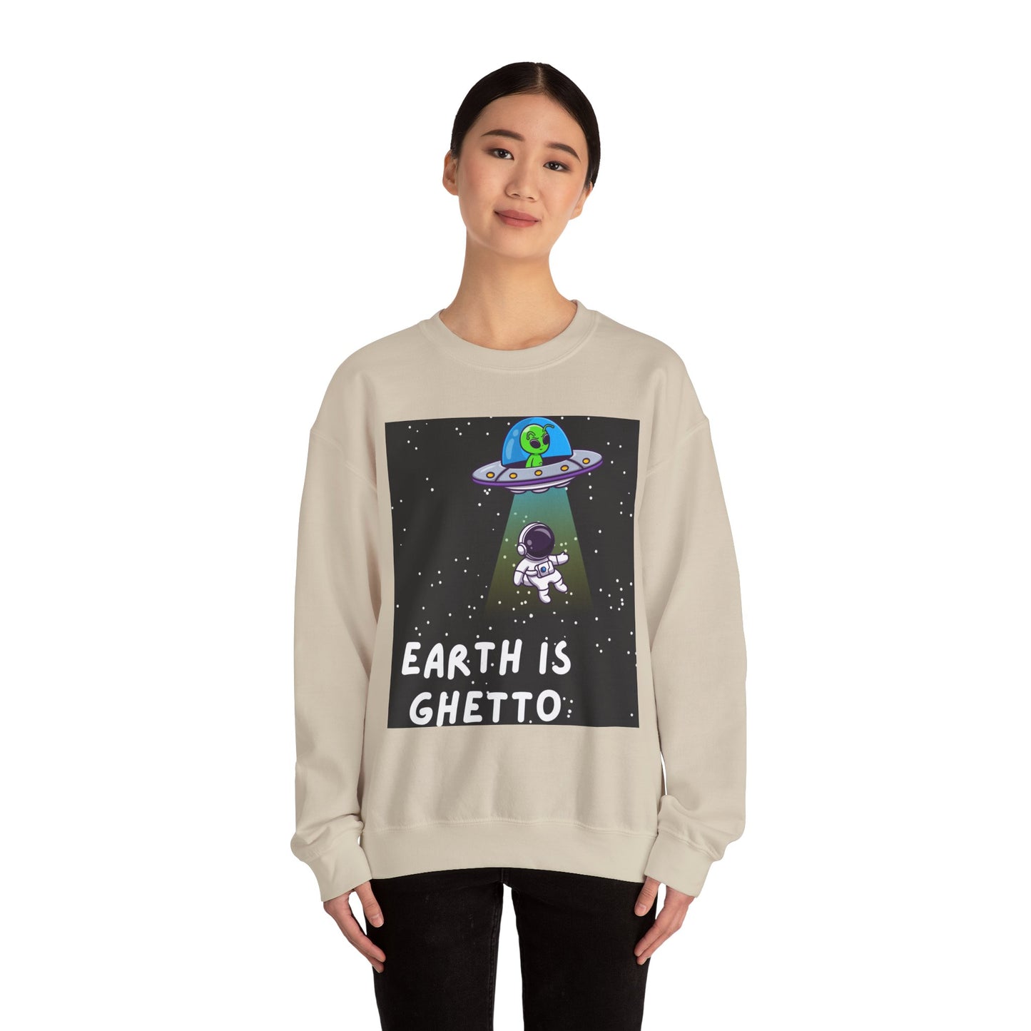 Earth is Ghetto Unisex Heavy Blend™ Crewneck Sweatshirt - Fun Space Graphic Sweatshirt for Cosmic Lovers